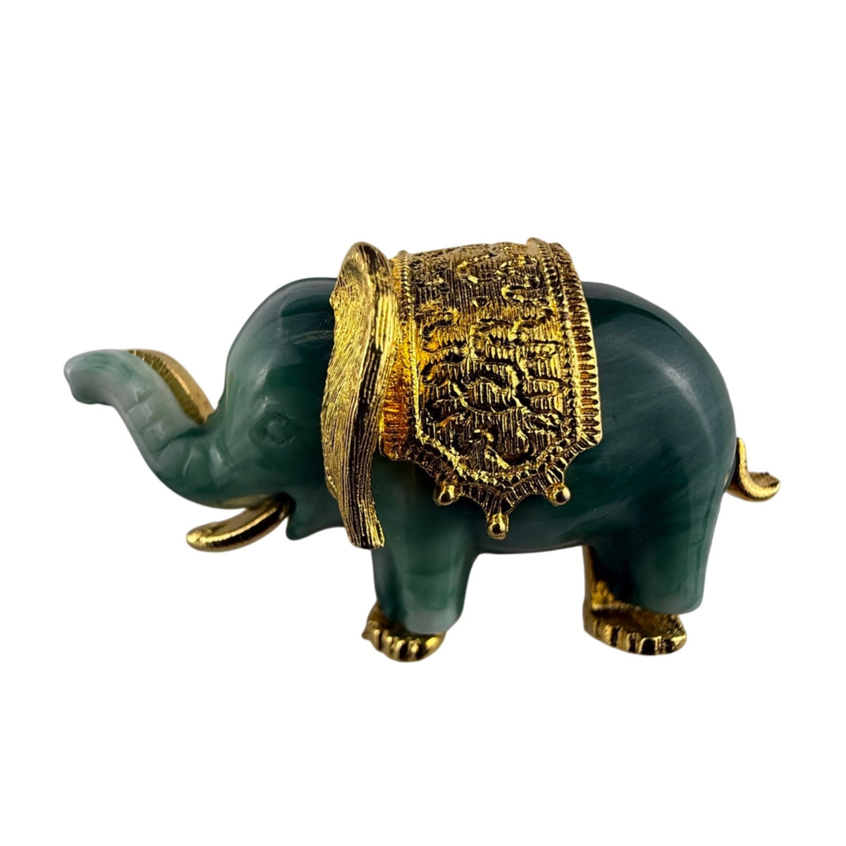 Faux Jade Green & Gold Tone Elephant Brooch Pin Vintage Jewelry Figurine Elegant Detail