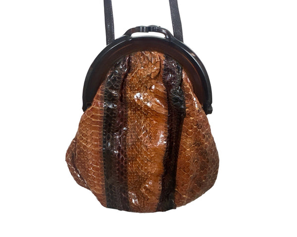 Vintage 40s Women's Brown Snake Skin Crossbody Shoulder Bakelite Closure Bag