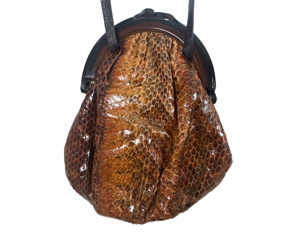 Vintage 40s Women's Brown Snake Skin Crossbody Shoulder Bakelite Closure Bag