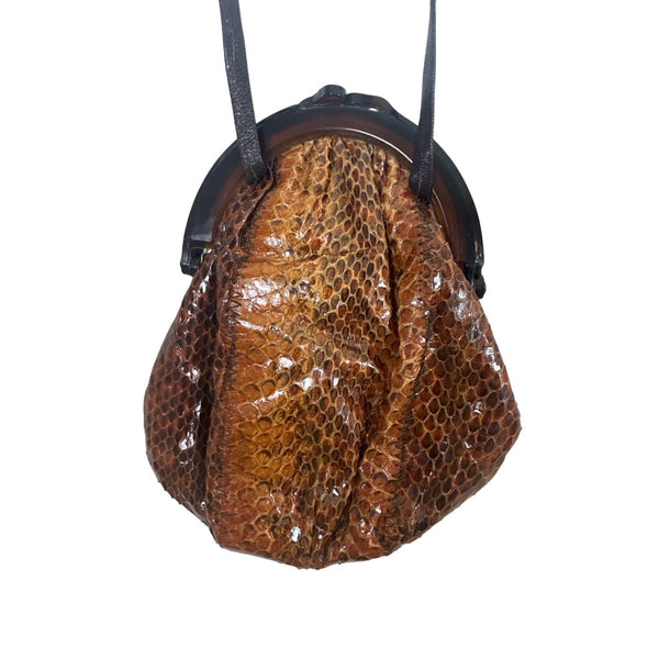 Vintage 40s Women's Brown Snake Skin Crossbody Shoulder Bakelite Closure Bag