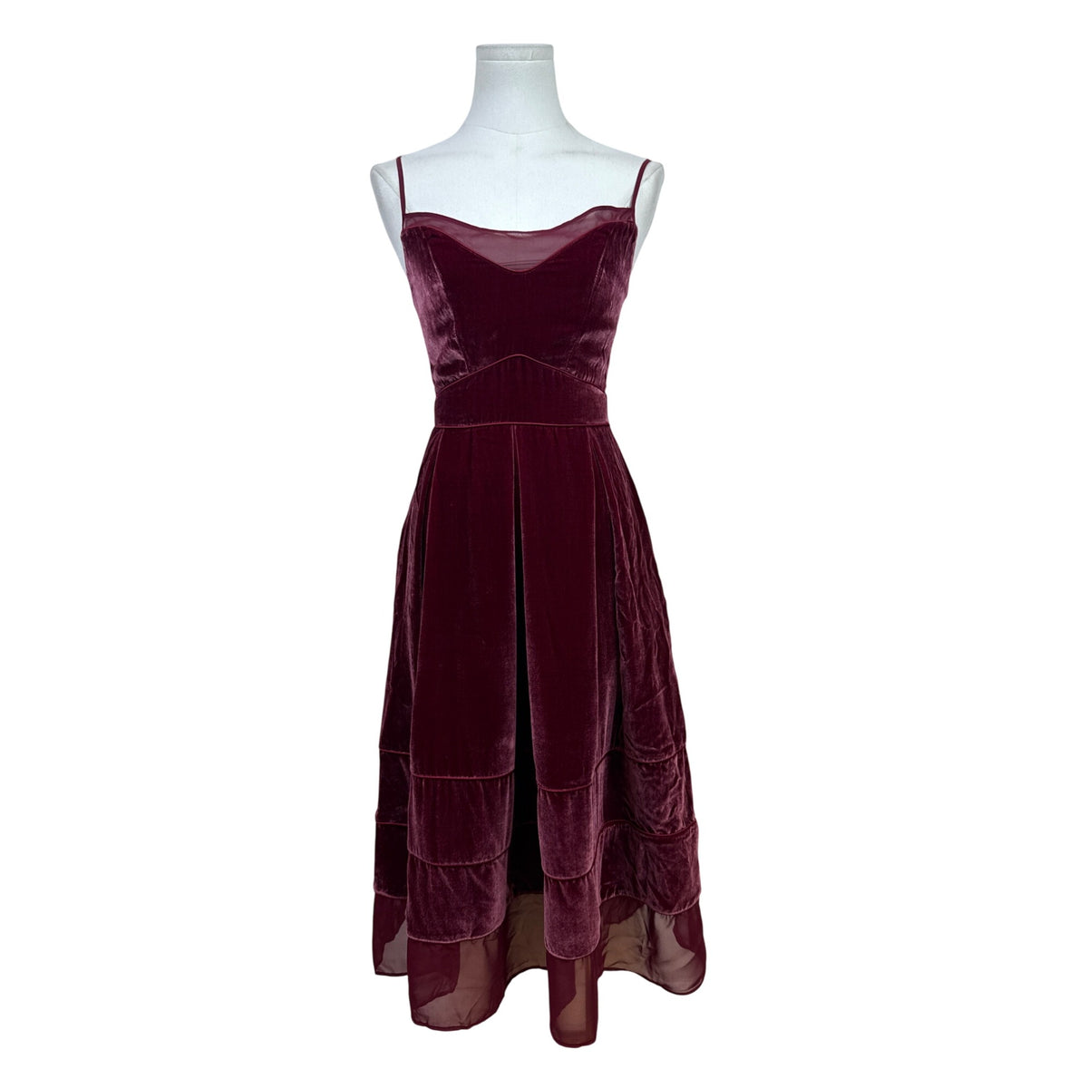 Timo.Weiland Velvet Burgundy Spaghetti Strap Midi Dress Sheer Hem Sz 0