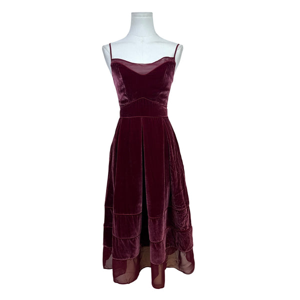 Timo.Weiland Velvet Burgundy Spaghetti Strap Midi Dress Sheer Hem Sz 0