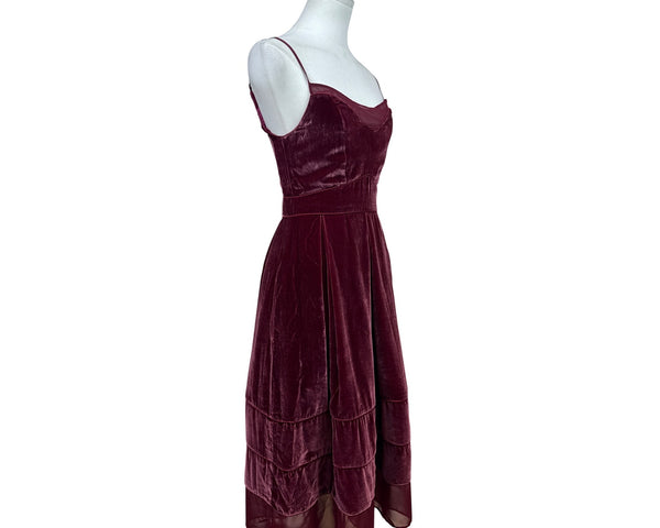 Timo.Weiland Velvet Burgundy Spaghetti Strap Midi Dress Sheer Hem Sz 0