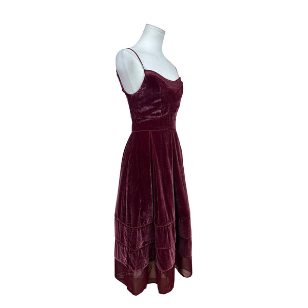 Timo.Weiland Velvet Burgundy Spaghetti Strap Midi Dress Sheer Hem Sz 0