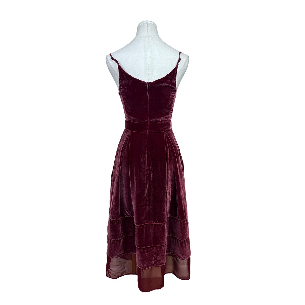 Timo.Weiland Velvet Burgundy Spaghetti Strap Midi Dress Sheer Hem Sz 0