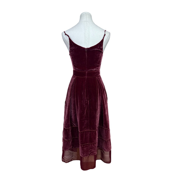Timo.Weiland Velvet Burgundy Spaghetti Strap Midi Dress Sheer Hem Sz 0