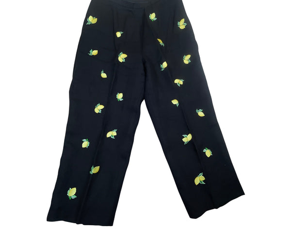 Talbots Woman Black Linen Embroidered Lemon Pants For Women Size 14W