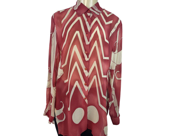 KateDesign Red & Cream Sheer Long Sleeve Button-Up Blouse With Abstract Print