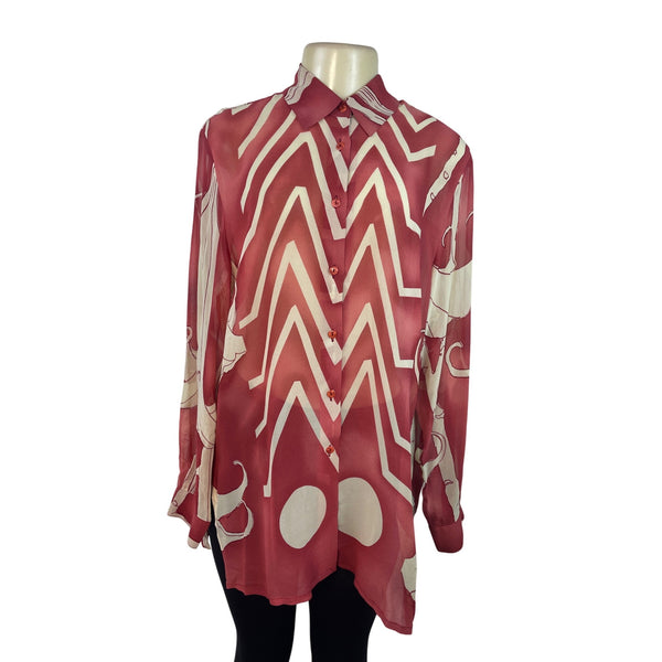 KateDesign Red & Cream Sheer Long Sleeve Button-Up Blouse With Abstract Print