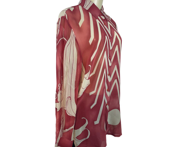 KateDesign Red & Cream Sheer Long Sleeve Button-Up Blouse With Abstract Print