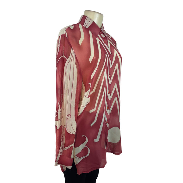 KateDesign Red & Cream Sheer Long Sleeve Button-Up Blouse With Abstract Print