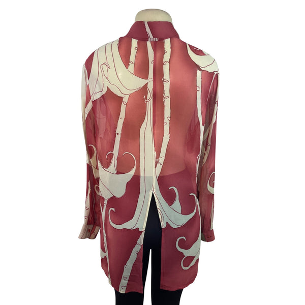 KateDesign Red & Cream Sheer Long Sleeve Button-Up Blouse With Abstract Print