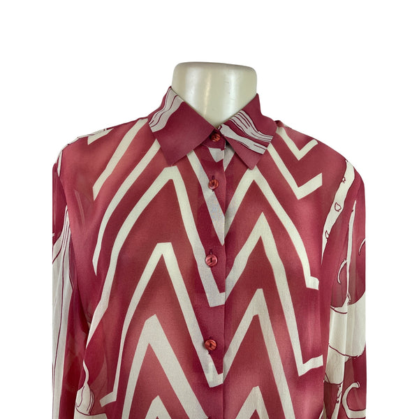 KateDesign Red & Cream Sheer Long Sleeve Button-Up Blouse With Abstract Print