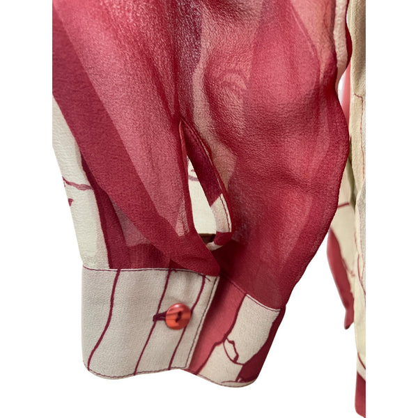 KateDesign Red & Cream Sheer Long Sleeve Button-Up Blouse With Abstract Print