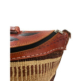 Woven Rattan & Leather Shoulder Bag With Zipper Closure And Patterned Design