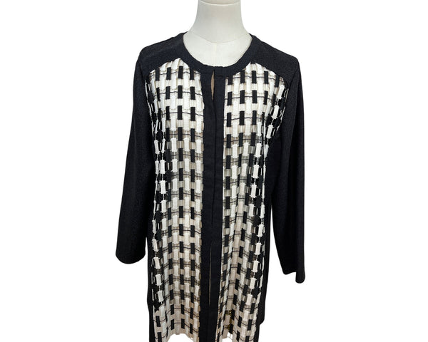 Chicos Black & White Open Front Jacket Woven Detail 3/4 Sleeve Size 2
