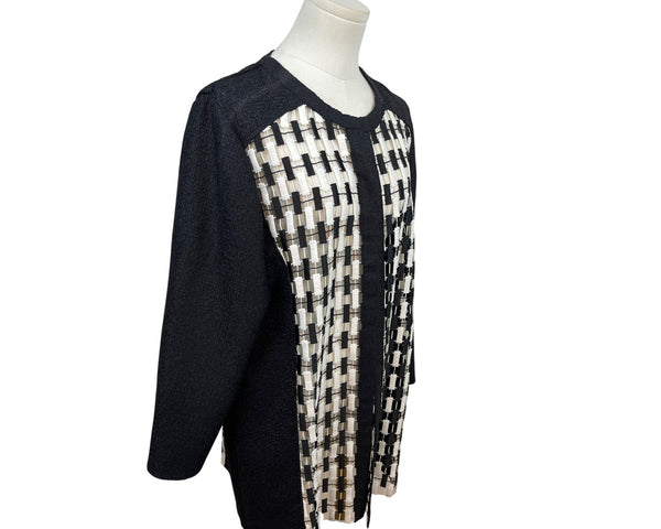 Chicos Black & White Open Front Jacket Woven Detail 3/4 Sleeve Size 2
