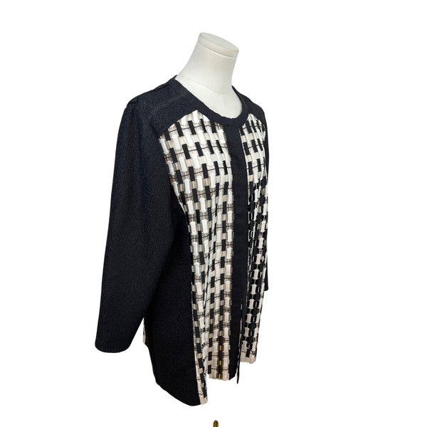 Chicos Black & White Open Front Jacket Woven Detail 3/4 Sleeve Size 2 - New