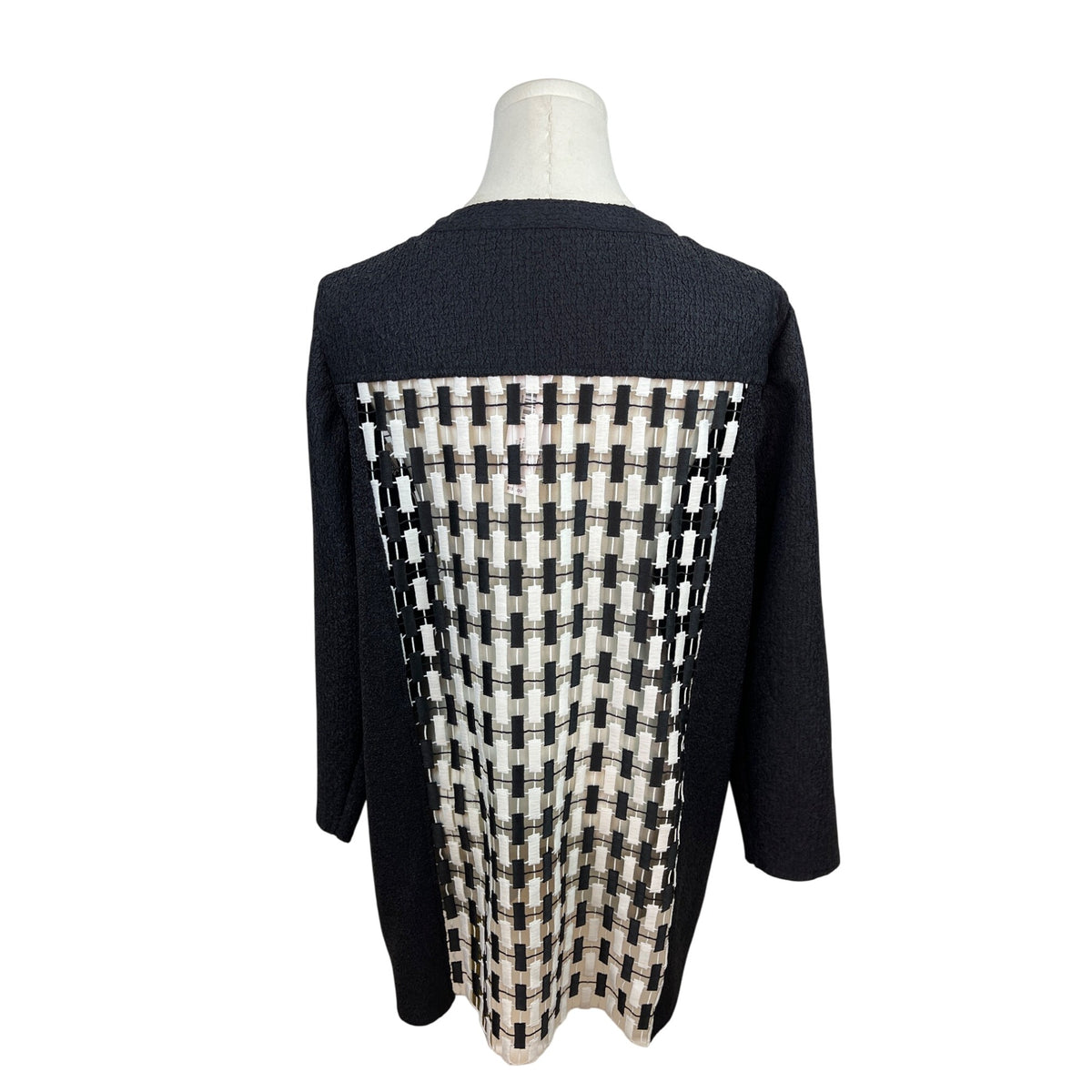 Chicos Black & White Open Front Jacket Woven Detail 3/4 Sleeve Size 2 - New