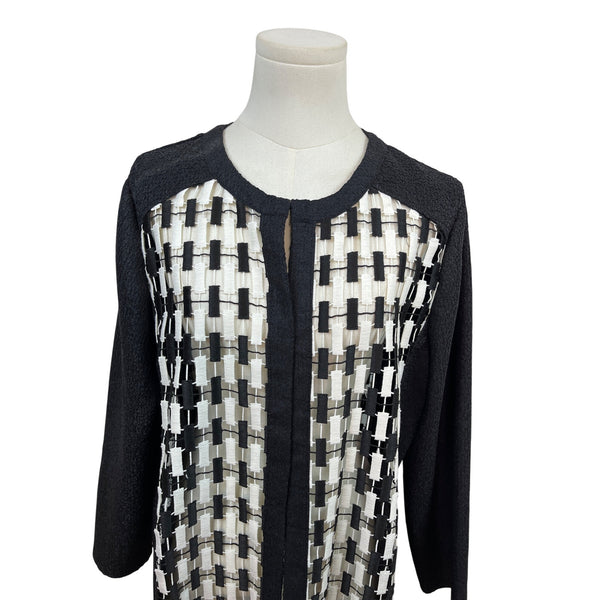 Chicos Black & White Open Front Jacket Woven Detail 3/4 Sleeve Size 2 - New