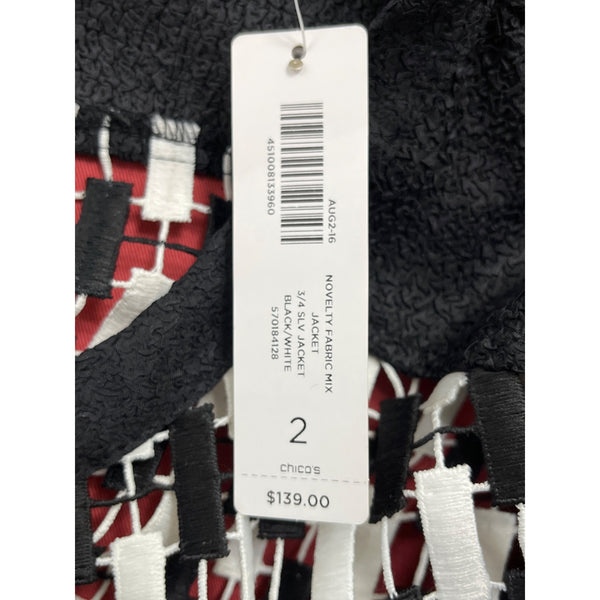 Chicos Black & White Open Front Jacket Woven Detail 3/4 Sleeve Size 2 - New