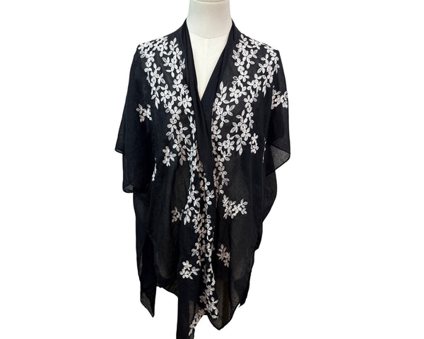 Black Floral Embroidered Kimono Cardigan By Francescas - New