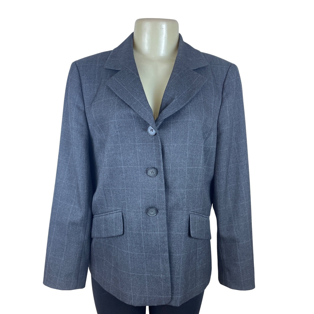 Kasper Petite Women's Grey Windowpane Blazer Jacket Button Front Size 14P