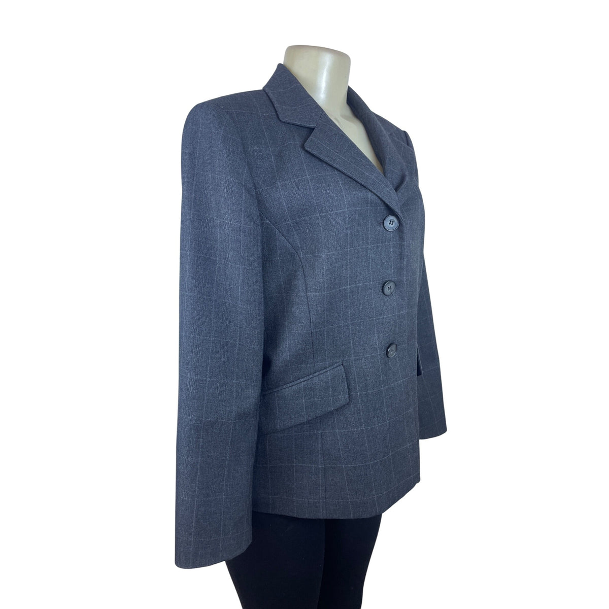 Kasper Petite Women's Grey Windowpane Blazer Jacket Button Front Size 14P