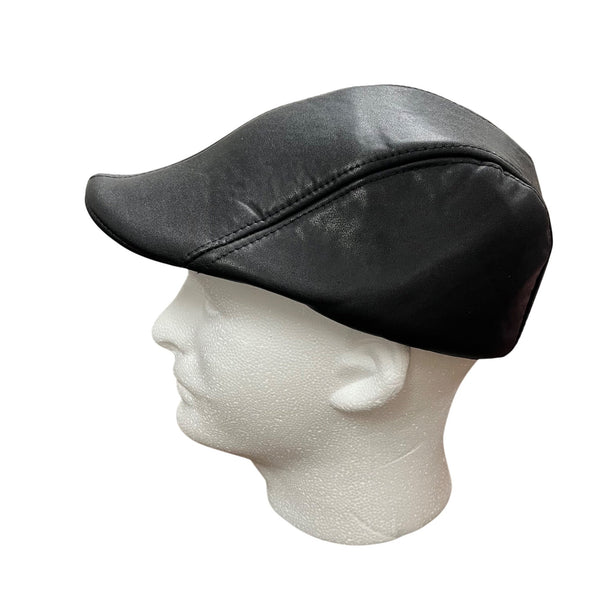 Black Leather Mens Driving Cap Newsboy Style Classic Flat Hat Size OS