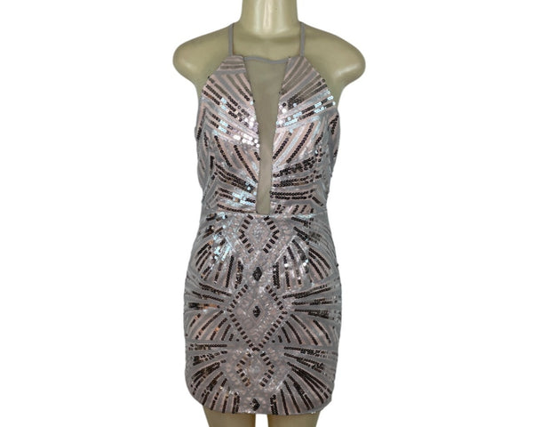 Dear Moon Womens Nude & Silver Sequin Mini Cocktail Evening Dress SZ 9