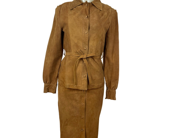 Sylvia Clyne Piel Tan Suede Skirt & Jacket Set With Belted Waist Size M