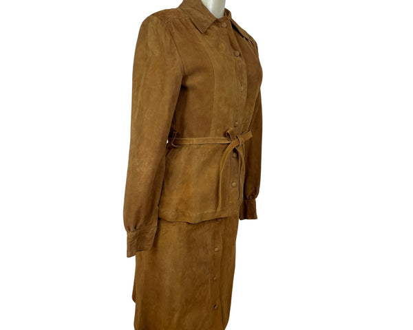 Sylvia Clyne Piel Tan Suede Skirt & Jacket Set With Belted Waist Size M