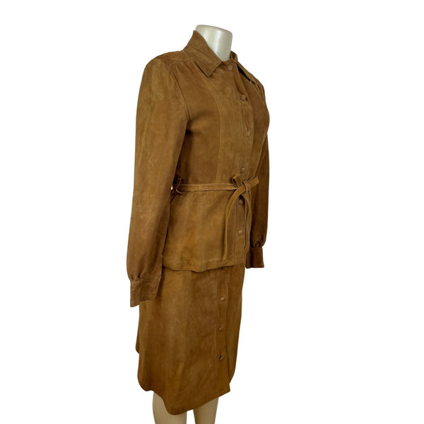 Sylvia Clyne Piel Tan Suede Skirt & Jacket Set With Belted Waist Size M