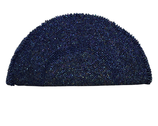 Handcrafted Beaded Navy Blue Half-Moon Clutch Purse With Zipper Closure Size M