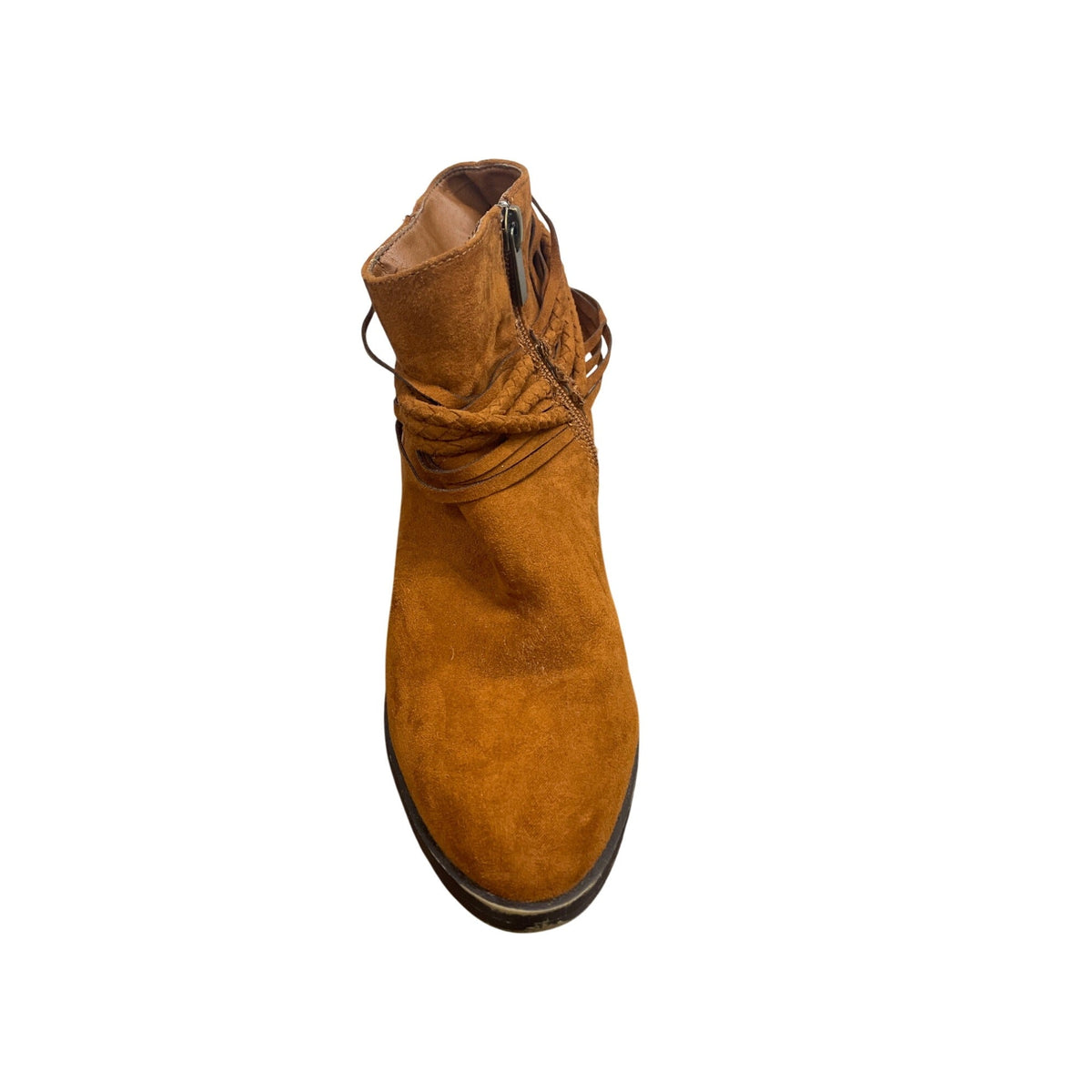 Bamboo Womens Tan Suede Ankle Boots With Braided Wrap & 3-Inch Block Heel Size 7.5