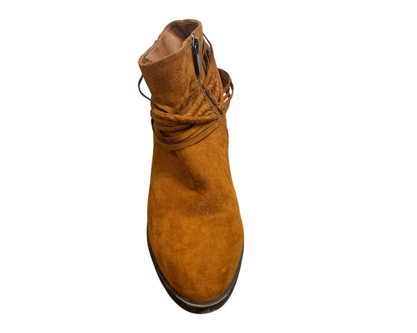 Bamboo Womens Tan Suede Ankle Boots With Braided Wrap & 3-Inch Block Heel Size 7.5