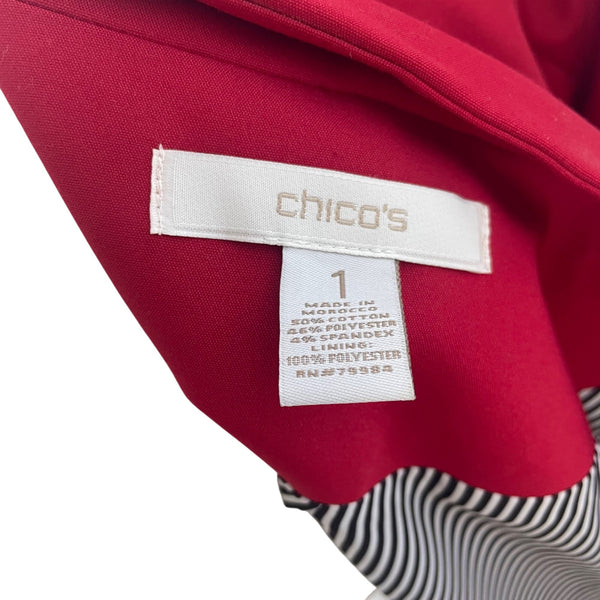 Chicos Red Women's Blazer Jacket With Unique Collar And Zipper Pocket Size 1
