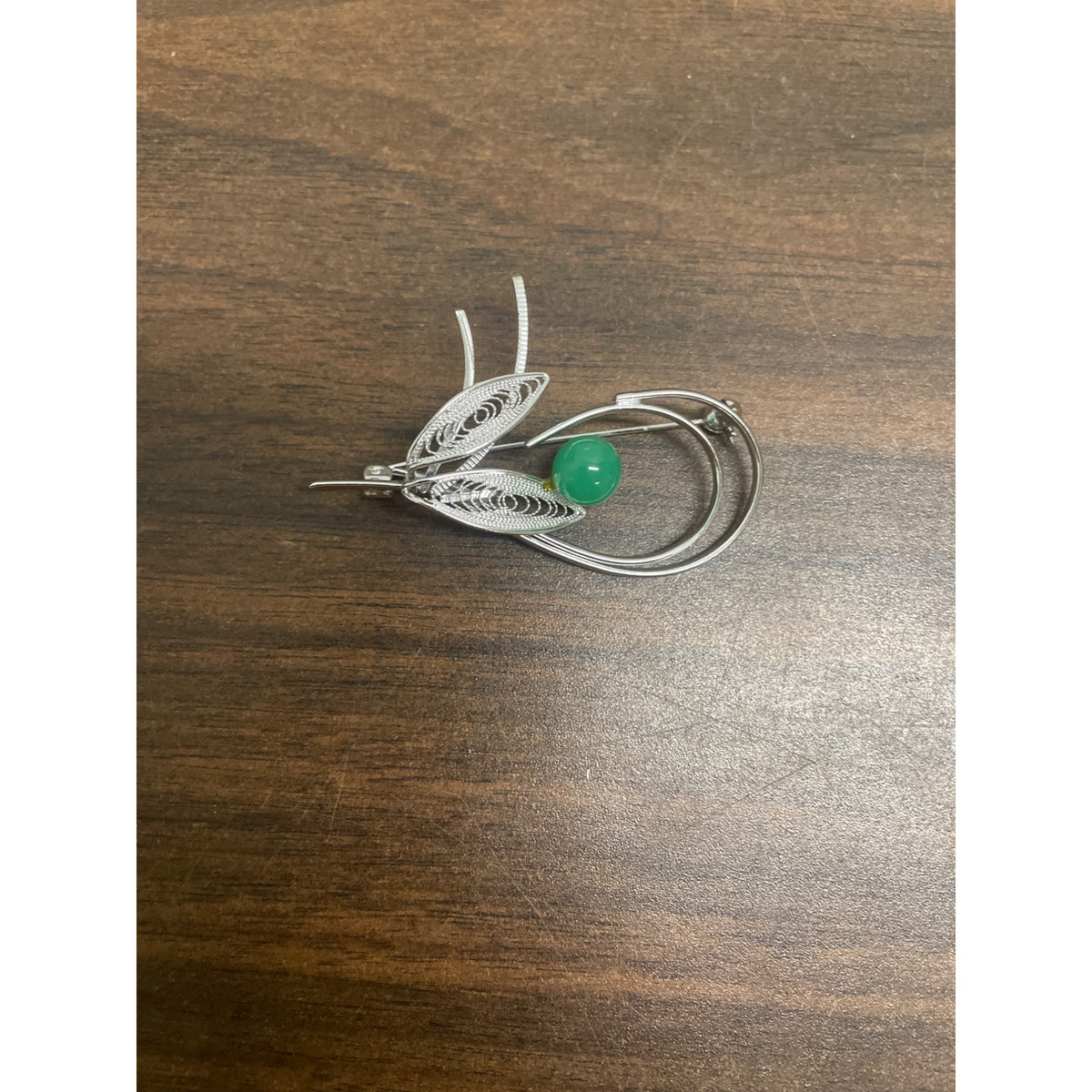 Silver Filigree & Green Stone Brooch