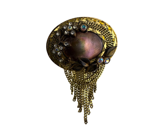 Marena Vintage Gold Tone Brooch Handmade In Germany Chain Dangles Rhinestones Oval