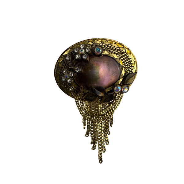 Marena Vintage Gold Tone Brooch Handmade In Germany Chain Dangles Rhinestones Oval