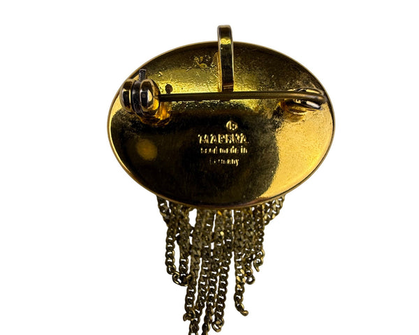 Marena Vintage Gold Tone Brooch Handmade In Germany Chain Dangles Rhinestones Oval