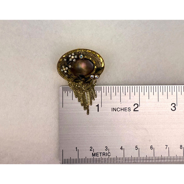 Marena Vintage Gold Tone Brooch Handmade In Germany Chain Dangles Rhinestones Oval