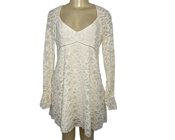 Free People Womens Lace Long Sleeve Mini Dress Ivory Size S