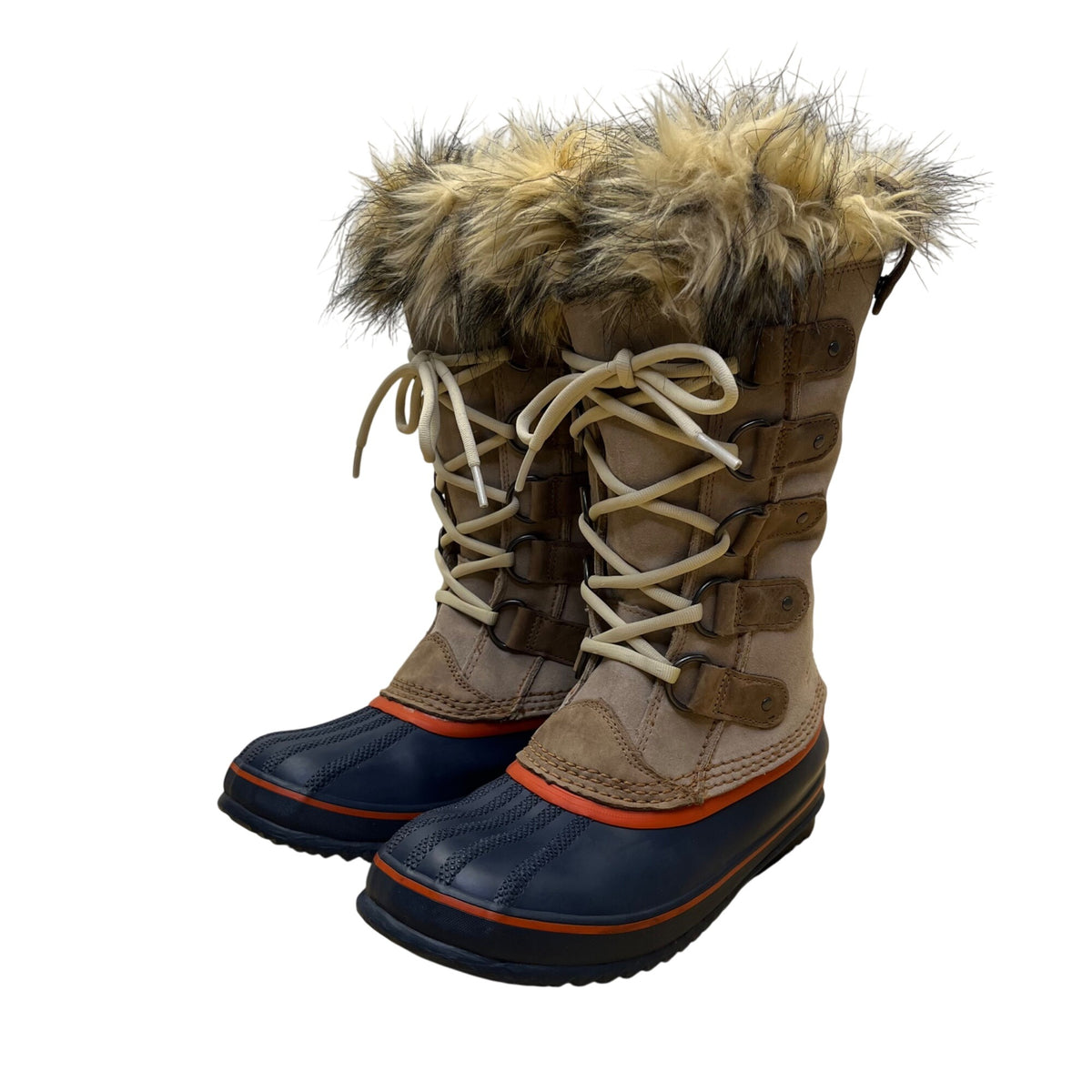 Sorel Women’s Brown & Navy Blue Faux Fur Lace Up Winter Snow Boots Size 7