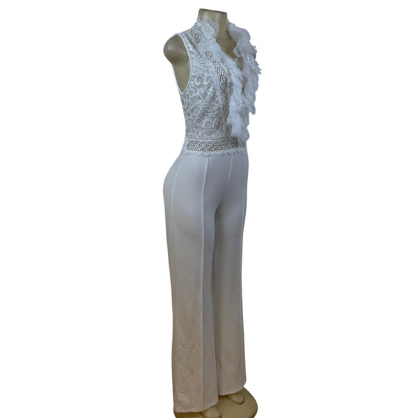 Valentine White Lace Sleeveless Wide Leg Jumpsuit For Women Sz L