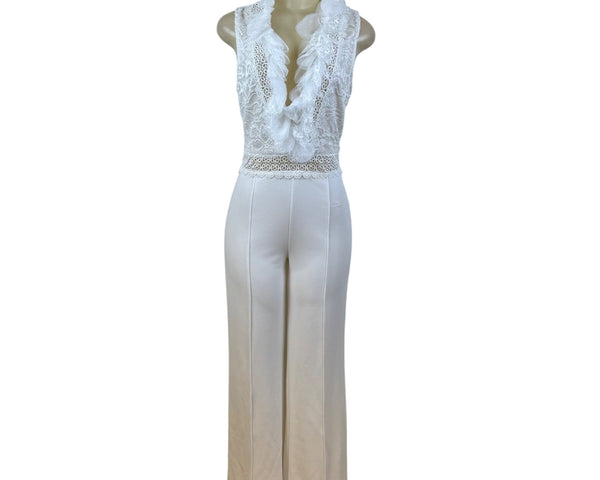 Valentine White Lace Sleeveless Wide Leg Jumpsuit For Women Sz L