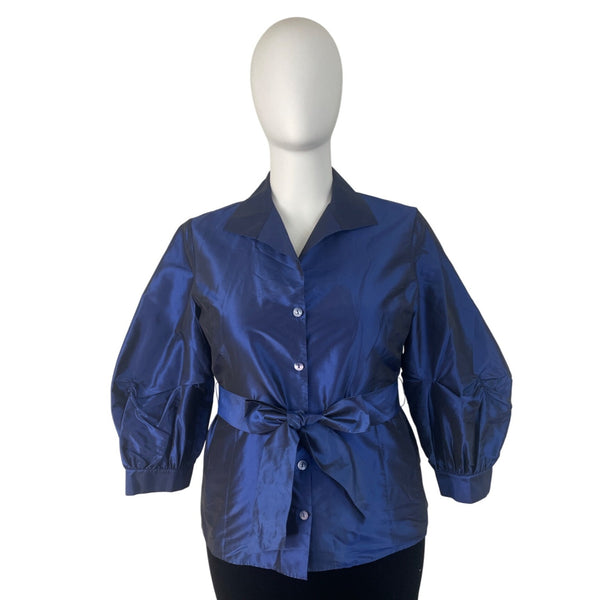 Lafayette 148 Blue Womens Button-Up Satin Blouse With Bow Belt 3/4 Sleeves Sz 18