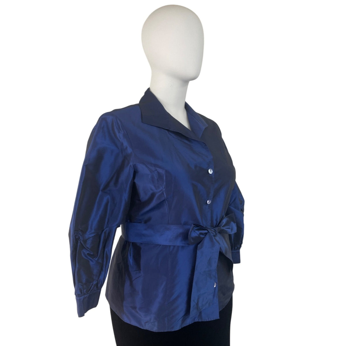 Lafayette 148 Blue Womens Button-Up Satin Blouse With Bow Belt 3/4 Sleeves Sz 18