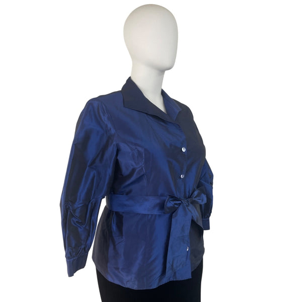 Lafayette 148 Blue Womens Button-Up Satin Blouse With Bow Belt 3/4 Sleeves Sz 18