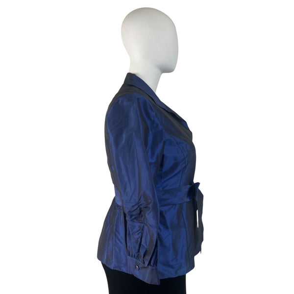 Lafayette 148 Blue Womens Button-Up Satin Blouse With Bow Belt 3/4 Sleeves Sz 18